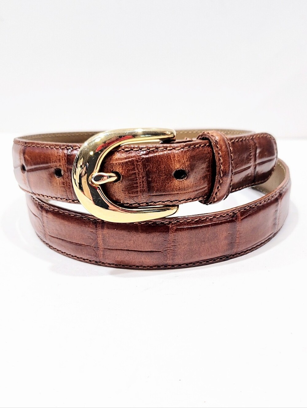 FOSSIL Brown Croc Embossed Genuine Leather Belt Women’s Medium Gold Tone Buckle